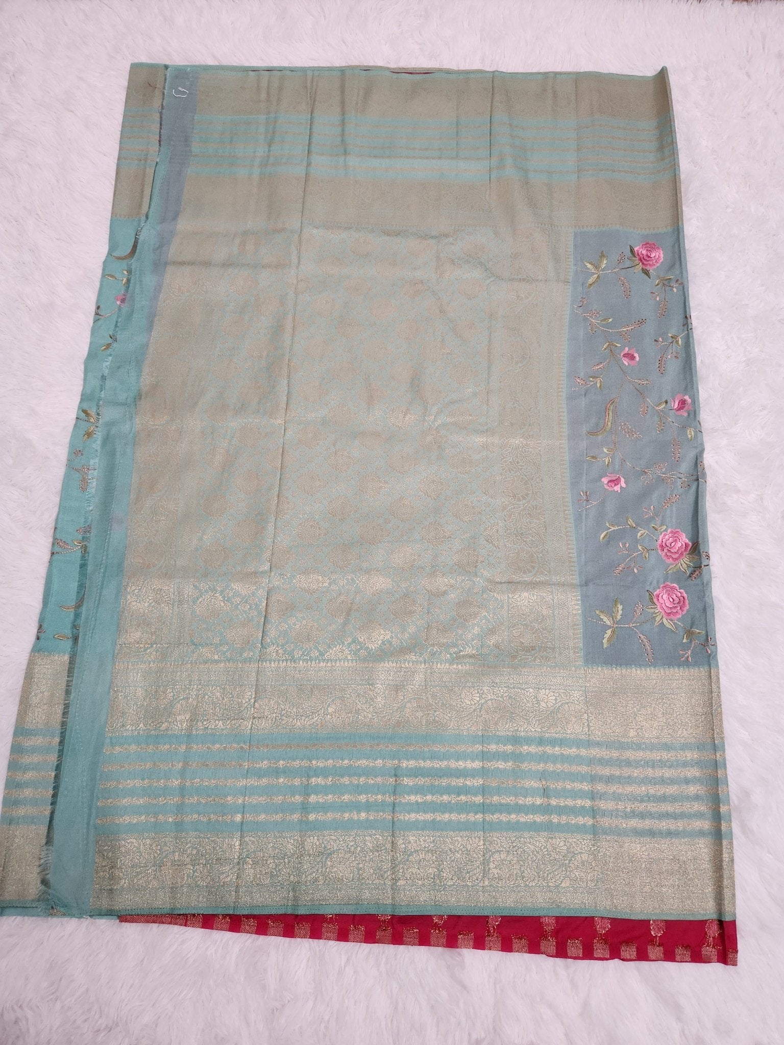 Emerald Green Soft Silk Saree with Copper Zari & Pink Blouse Embroidery Design - Urban Weave Sarees