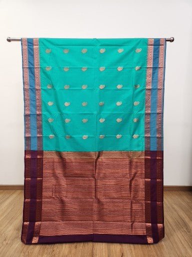 Green Semi Kaanchi Saree with Copper Zari & Small Butta Design - Urban Weave Sarees