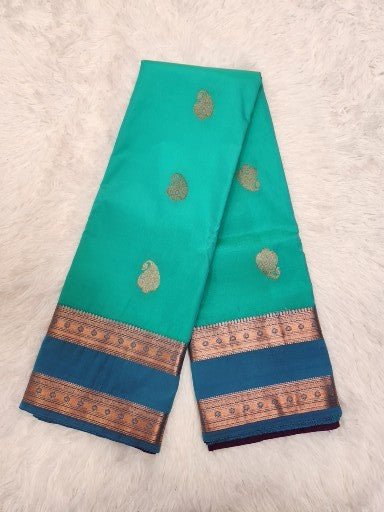 Green Semi Kaanchi Saree with Copper Zari & Small Butta Design - Urban Weave Sarees