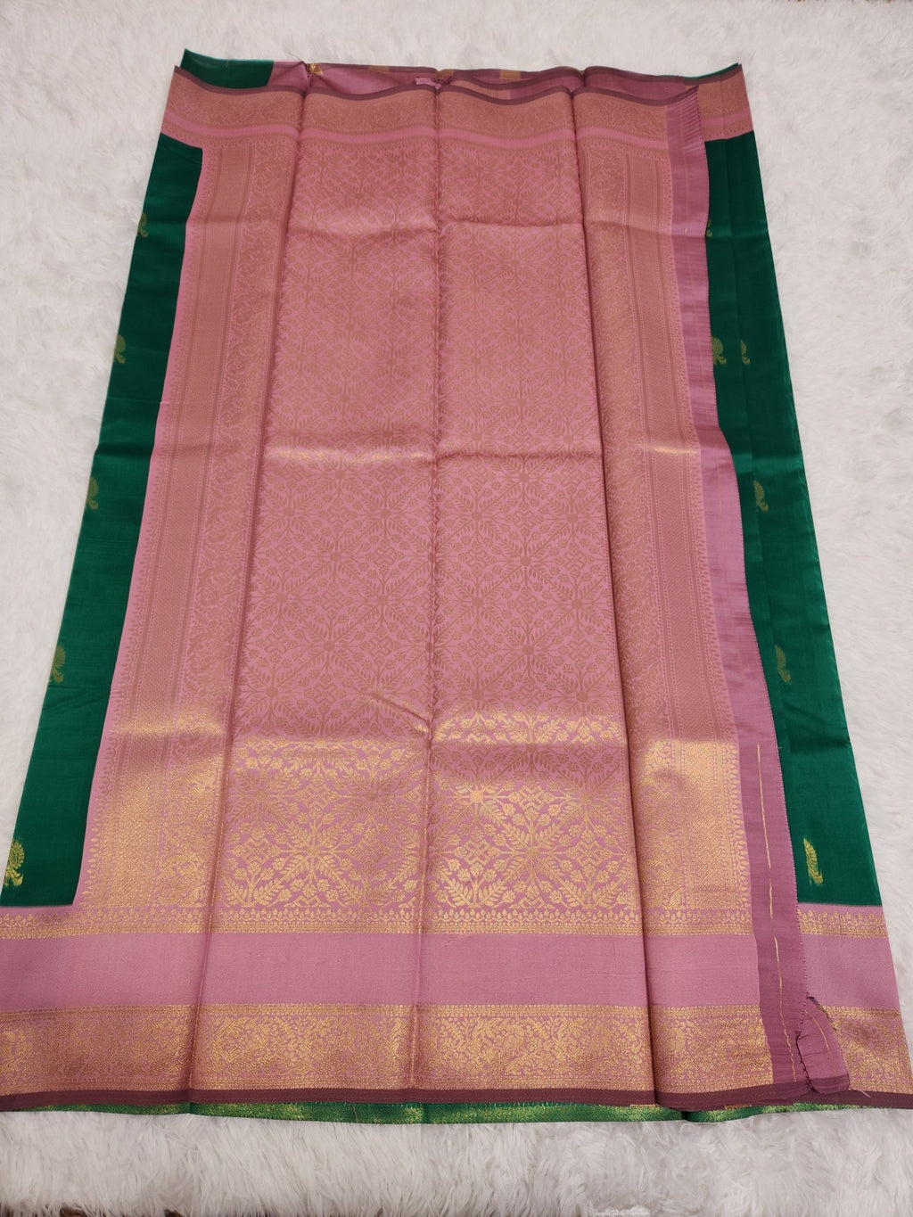 Green Soft Silk Saree with Copper Zari & Baby Pink Pallu Design - Urban Weave Sarees