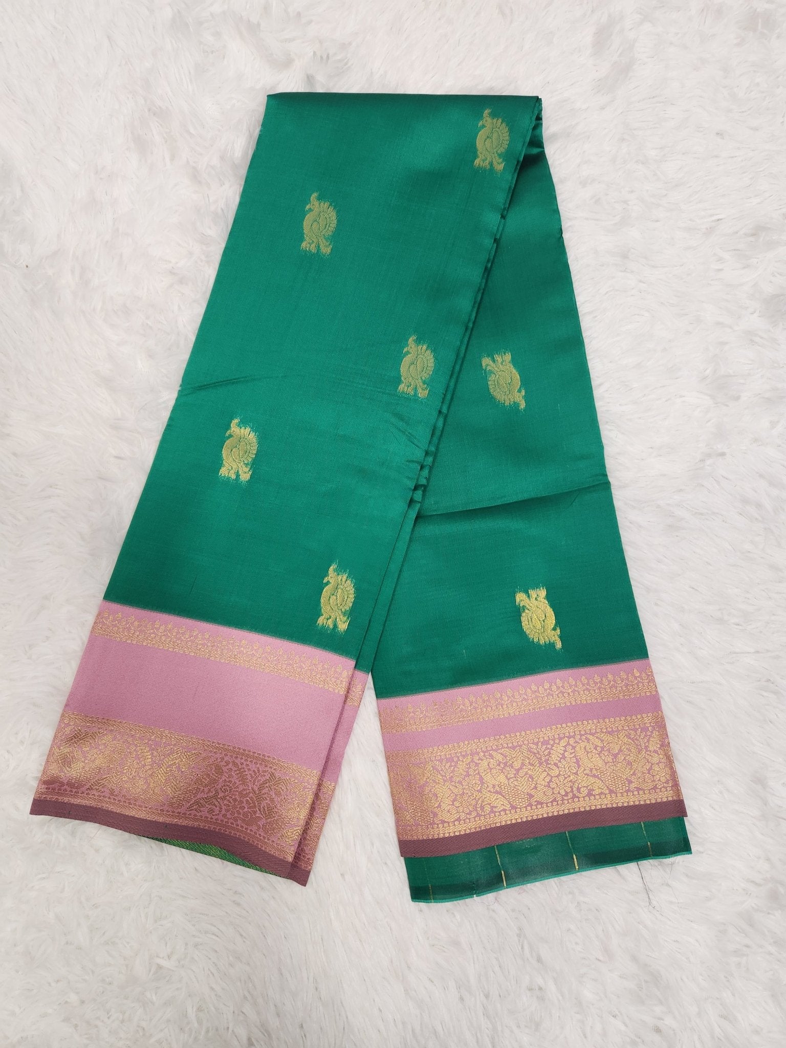 Green Soft Silk Saree with Copper Zari & Baby Pink Pallu Design - Urban Weave Sarees