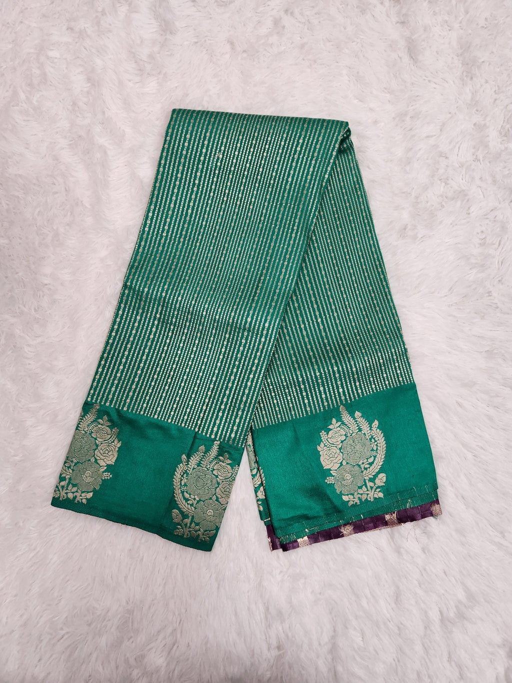 Green Soft Silk Saree with Copper Zari & Dark Purple Blouse Vertical Line Design - Urban Weave Sarees