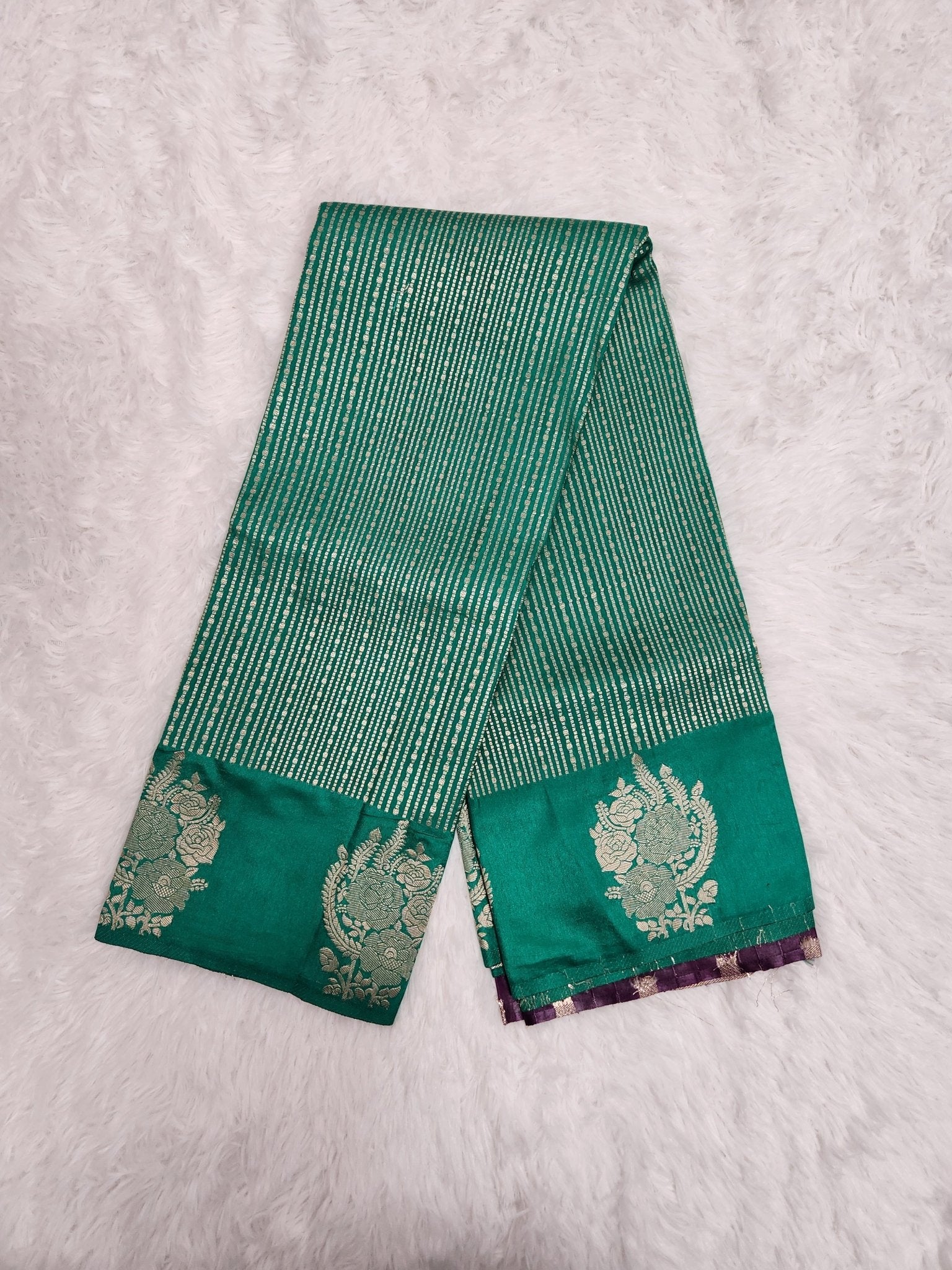 Green Soft Silk Saree with Copper Zari & Dark Purple Blouse Vertical Line Design - Urban Weave Sarees