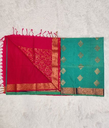 Green Soft Silk Saree with Copper Zari & Red Pallu Design - Urban Weave Sarees