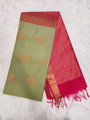 Green Soft Silk Saree with Copper Zari & Red Pallu Design - Urban Weave Sarees