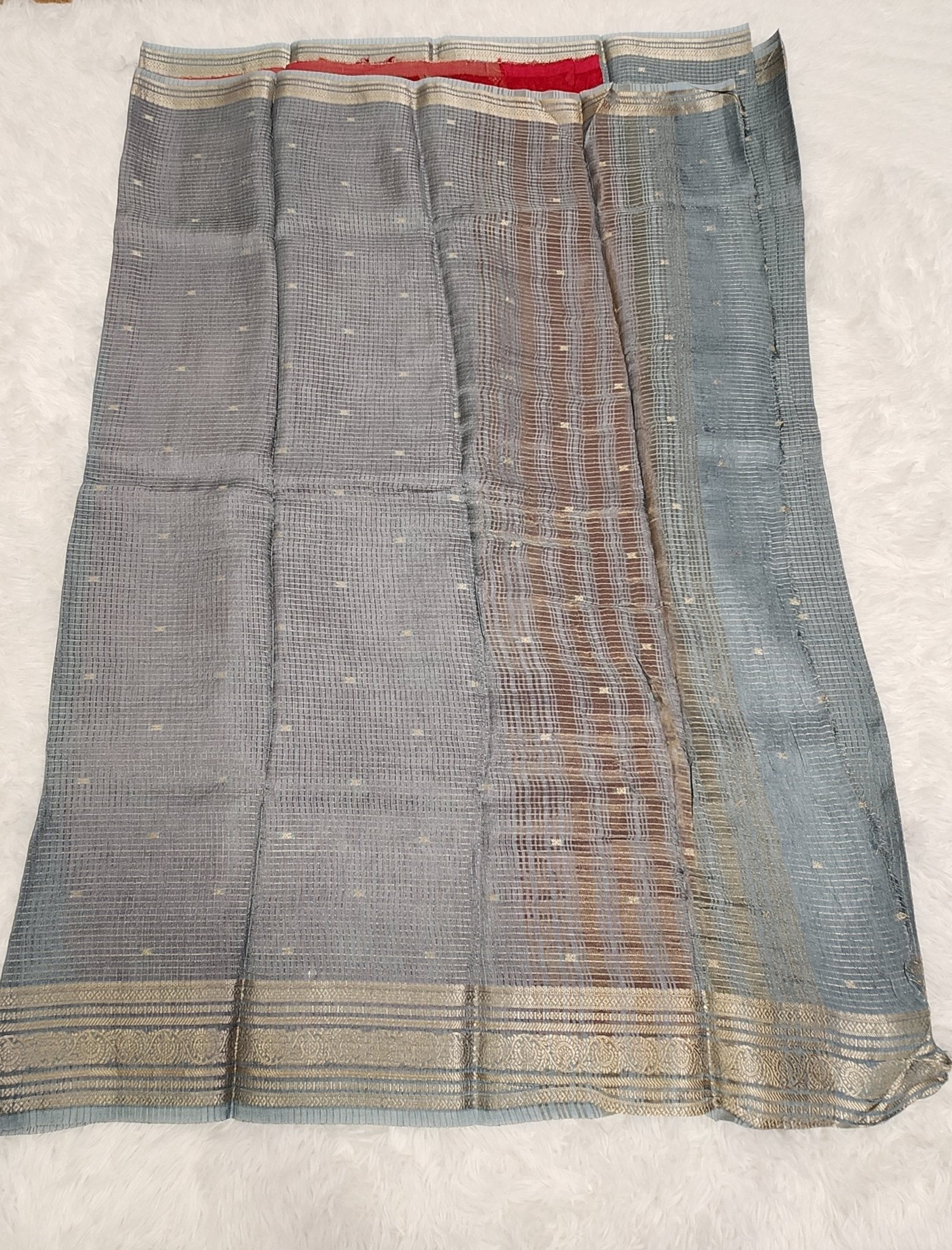 Grey Fancy Saree With Copper Zari & Pink Pallu Design - Urban Weave Sarees