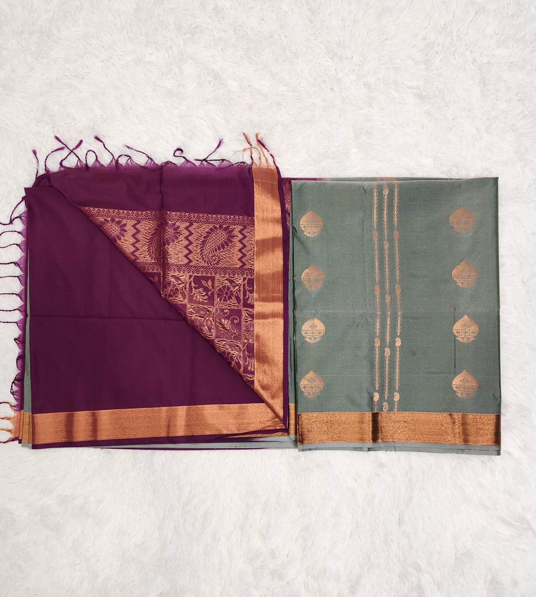 Grey Soft Silk Saree with Copper Zari & Purple Pallu Design - Urban Weave Sarees