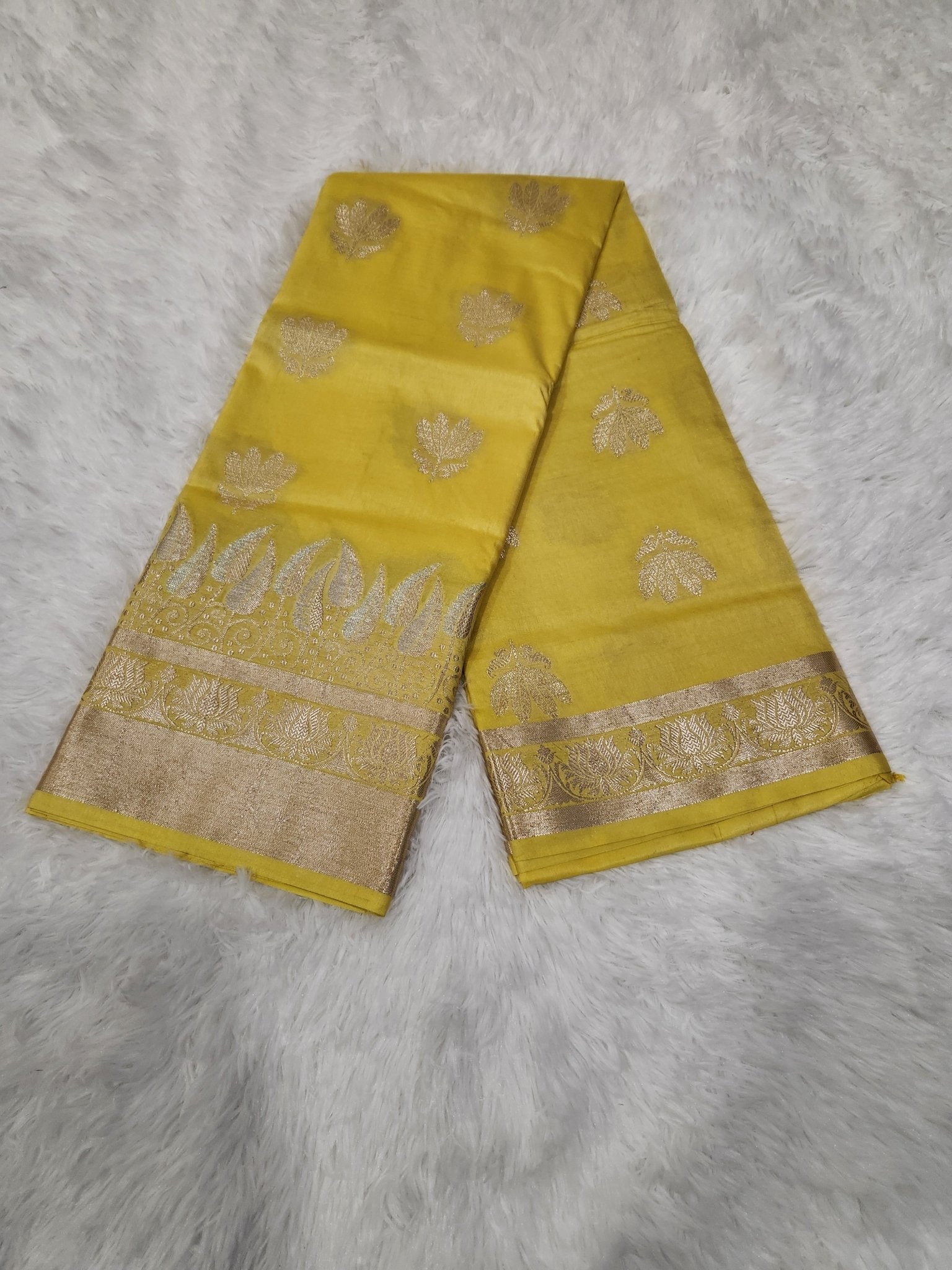 Lemon Yellow Soft Silk Saree with Silver Zari & Lotus Flower Design - Urban Weave Sarees