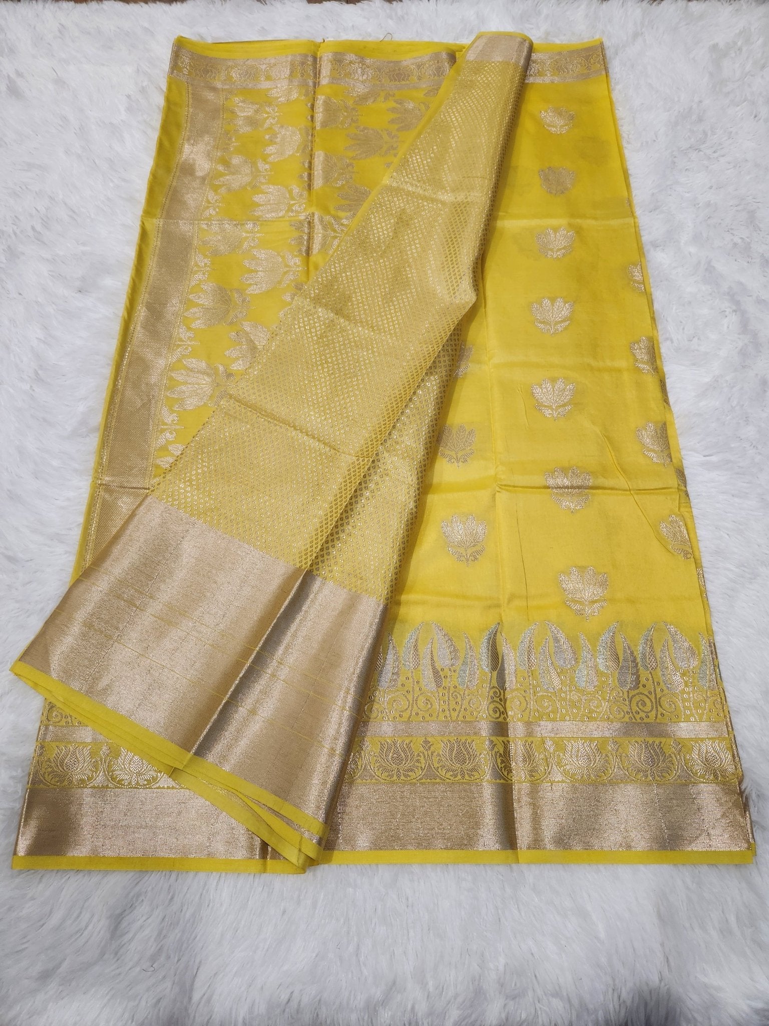 Lemon Yellow Soft Silk Saree with Silver Zari & Lotus Flower Design - Urban Weave Sarees