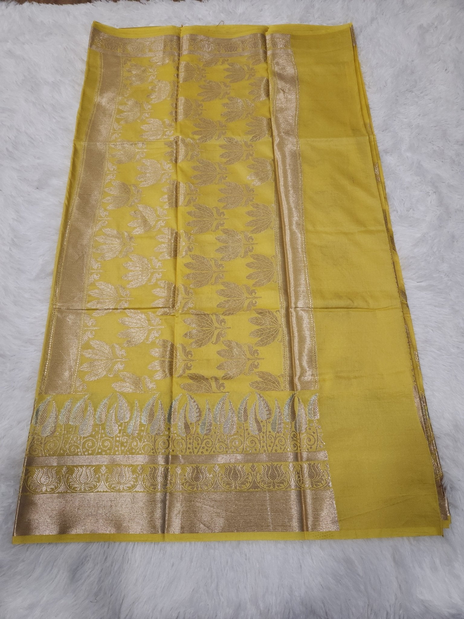 Lemon Yellow Soft Silk Saree with Silver Zari & Lotus Flower Design - Urban Weave Sarees
