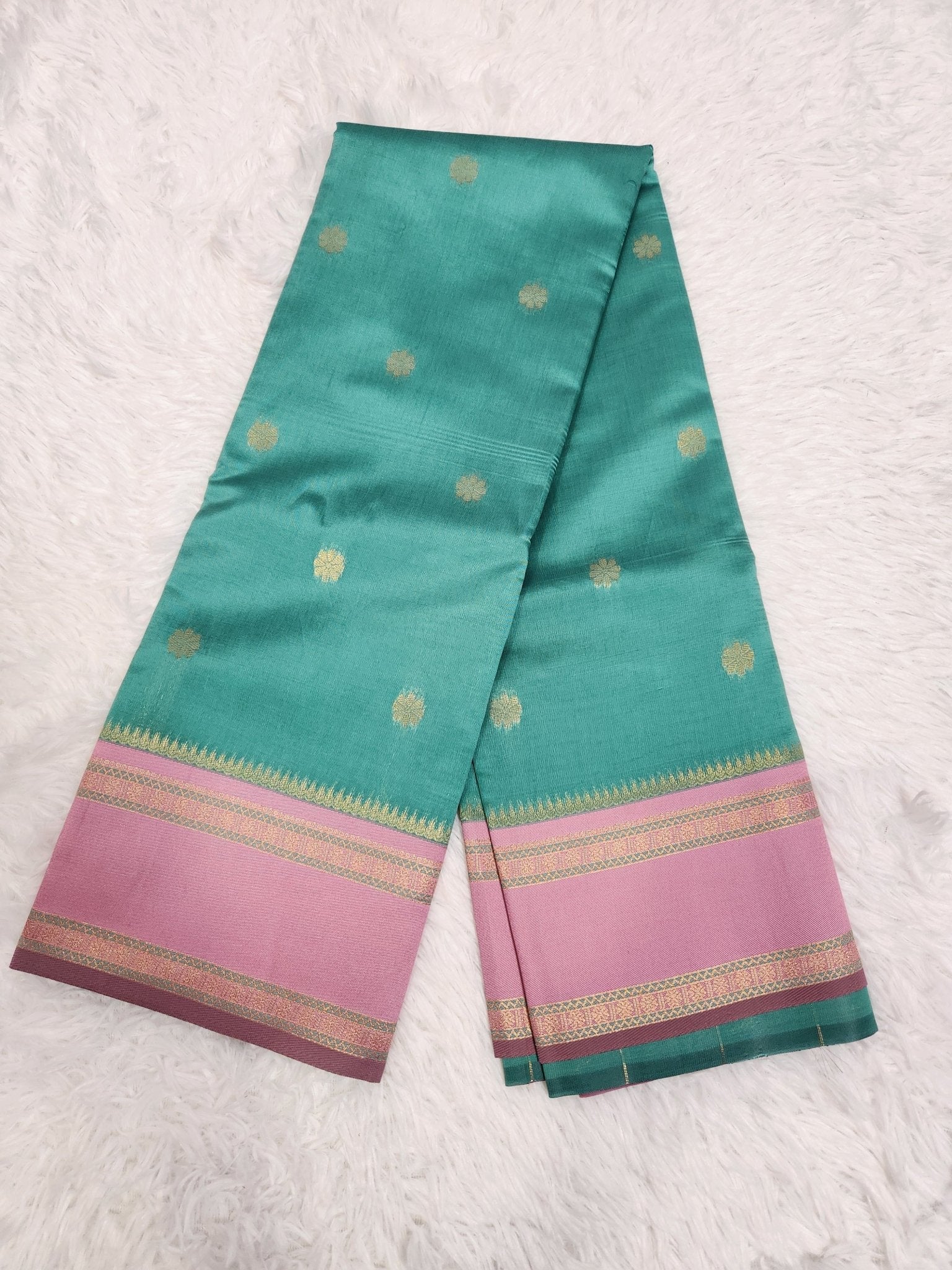 Light Green Soft Silk Saree with Copper Zari & Light Pink Pallu Design - Urban Weave Sarees
