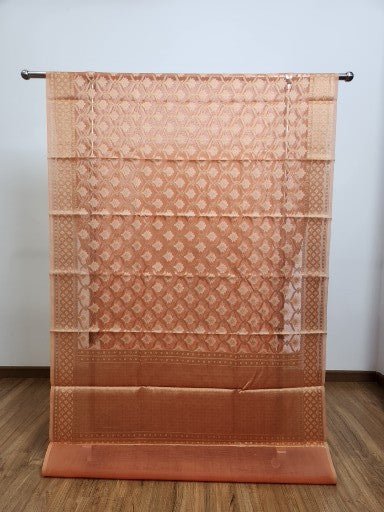 Light Orange Tissue Saree with Copper Zari & Full Kodi Flower Butta Design - Urban Weave Sarees