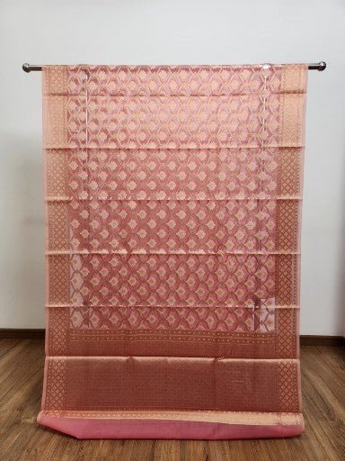 Light Pink Tissue Saree with Copper Zari & Full Kodi Flower Butta Design - Urban Weave Sarees