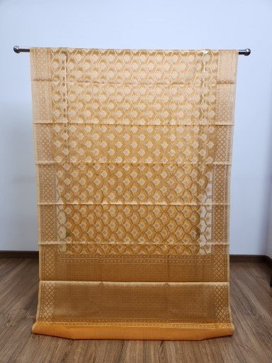 Light Yellow Tissue Saree with Copper Zari & Full Kodi Flower Butta Design - Urban Weave Sarees