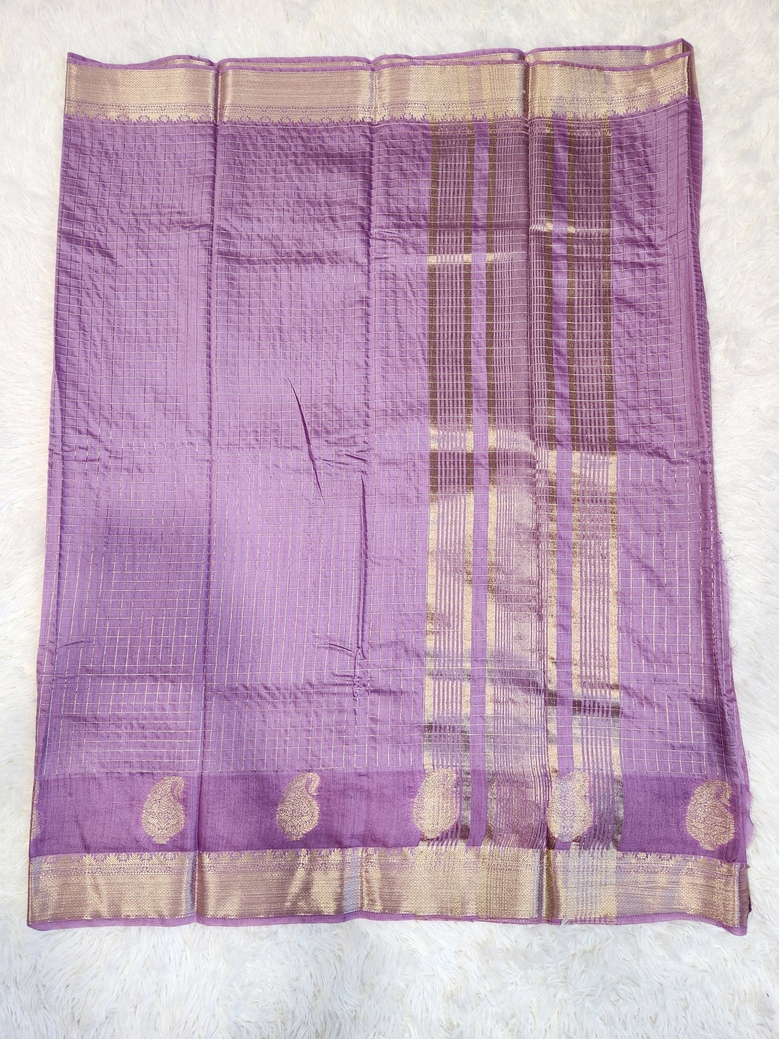 Lilac Fancy Saree With Silver Zari & Checks Design - Urban Weave Sarees