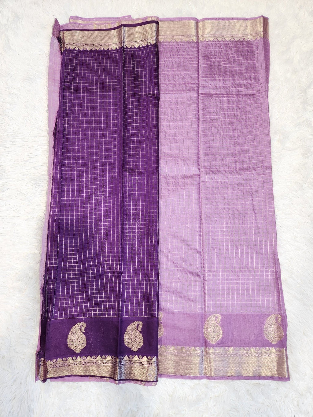 Lilac Fancy Saree With Silver Zari & Checks Design - Urban Weave Sarees