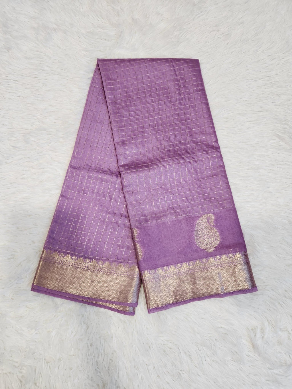 Lilac Fancy Saree With Silver Zari & Checks Design - Urban Weave Sarees