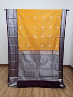 Mango Yellow Semi Kanchi Saree with Silver Zari & Purple Pallu - Urban Weave Sarees
