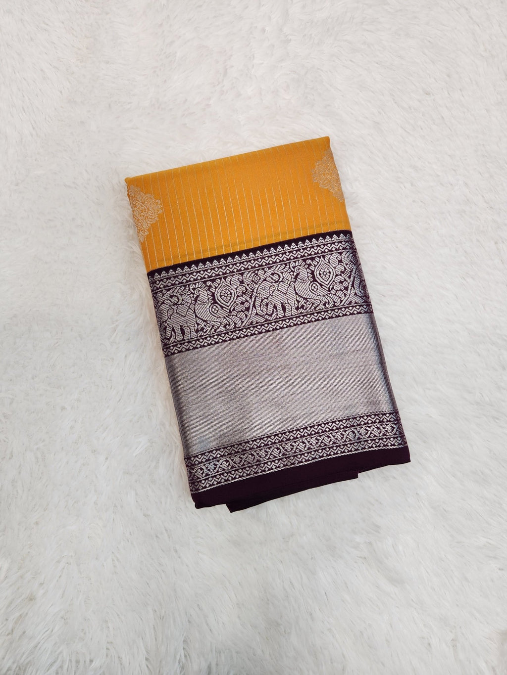 Mango Yellow Semi Kanchi Saree with Silver Zari & Purple Pallu - Urban Weave Sarees
