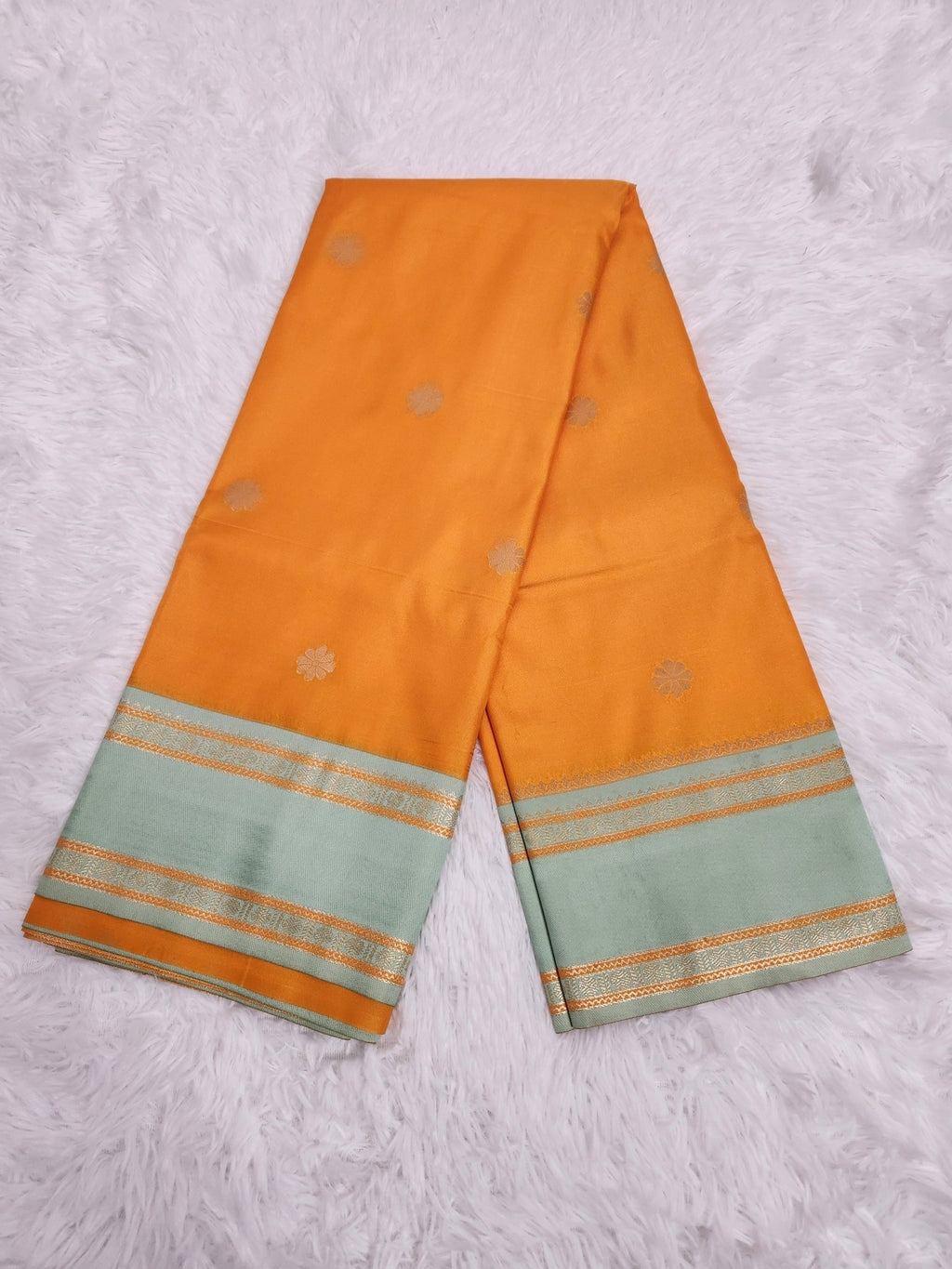 Mango Yellow Soft Silk Saree with Copper Zari & Pistachio Pallu Design - Urban Weave Sarees