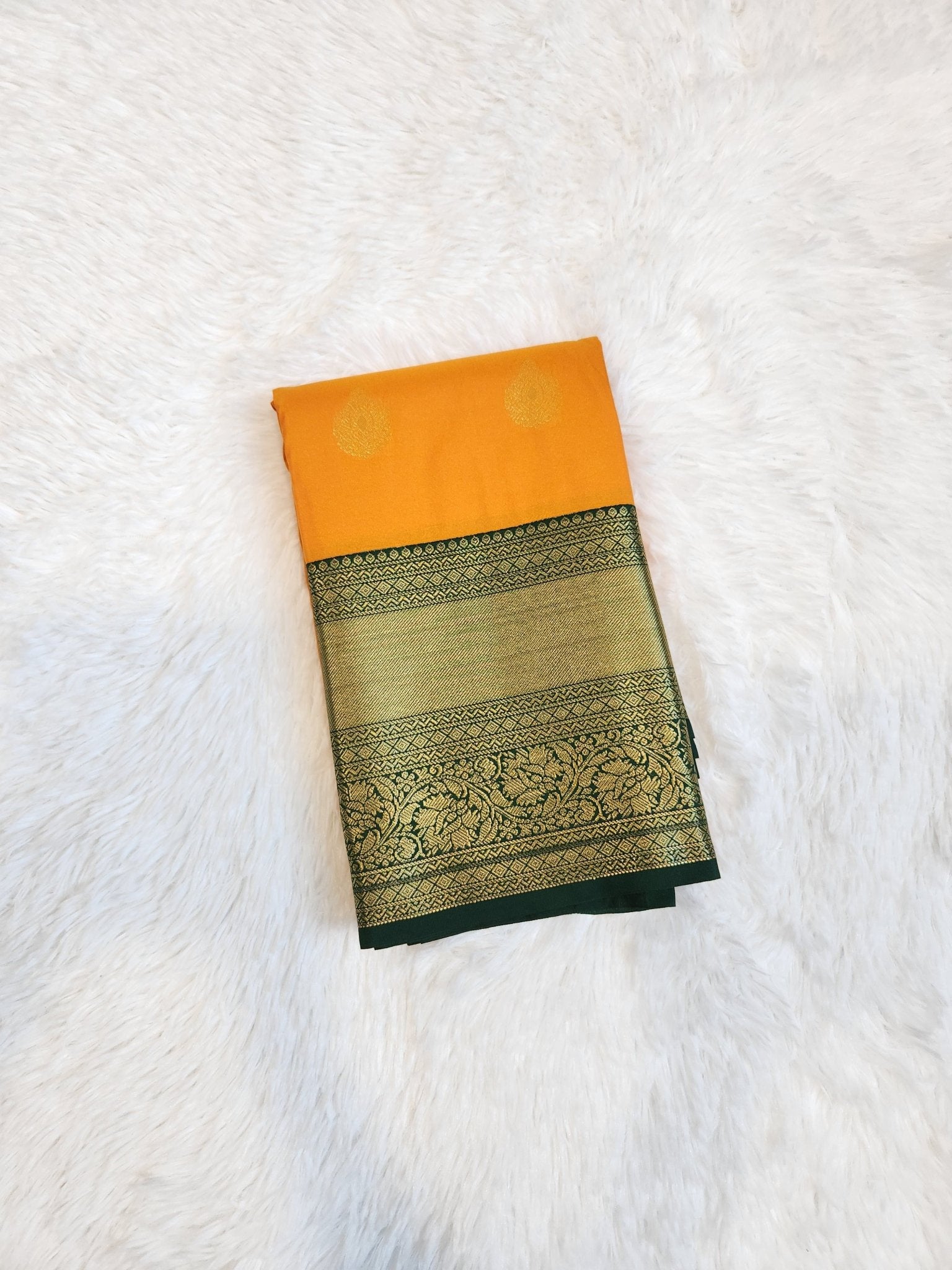 Marigold Yellow Semi Kanchi Saree with Gold Zari & Dark Green Pallu - Urban Weave Sarees