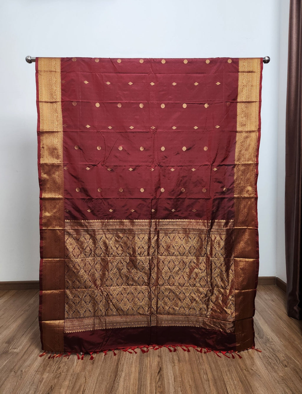 Maroon Semi Kanchi Saree with Gold Zari & Small Butta Design - Urban Weave Sarees