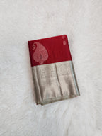 Maroon Semi Kanchi Saree with Silver Zari & Grey Pallu - Urban Weave Sarees