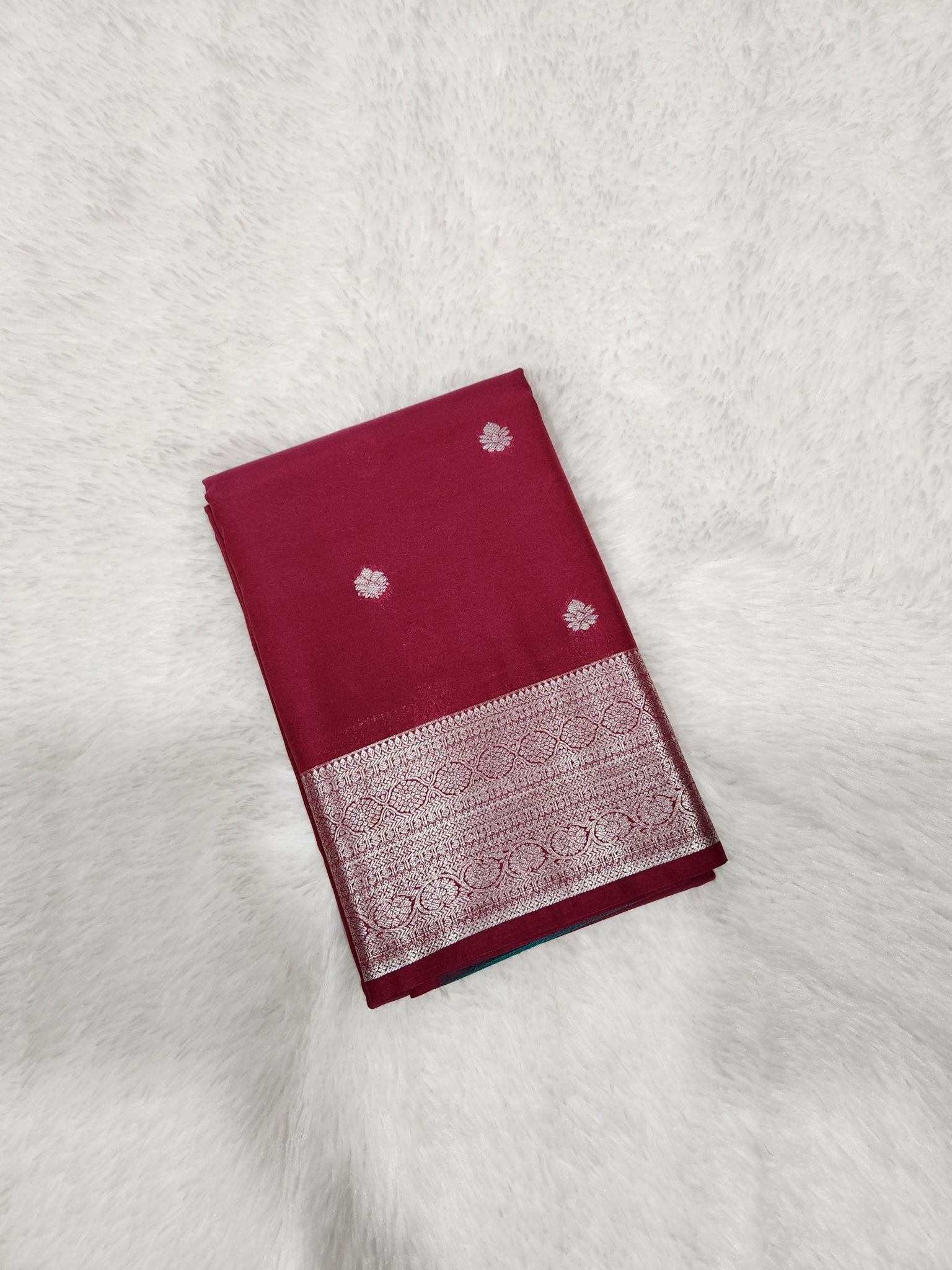 Maroon Semi Kanchi Saree with Silver Zari & Small Butta Design - Urban Weave Sarees