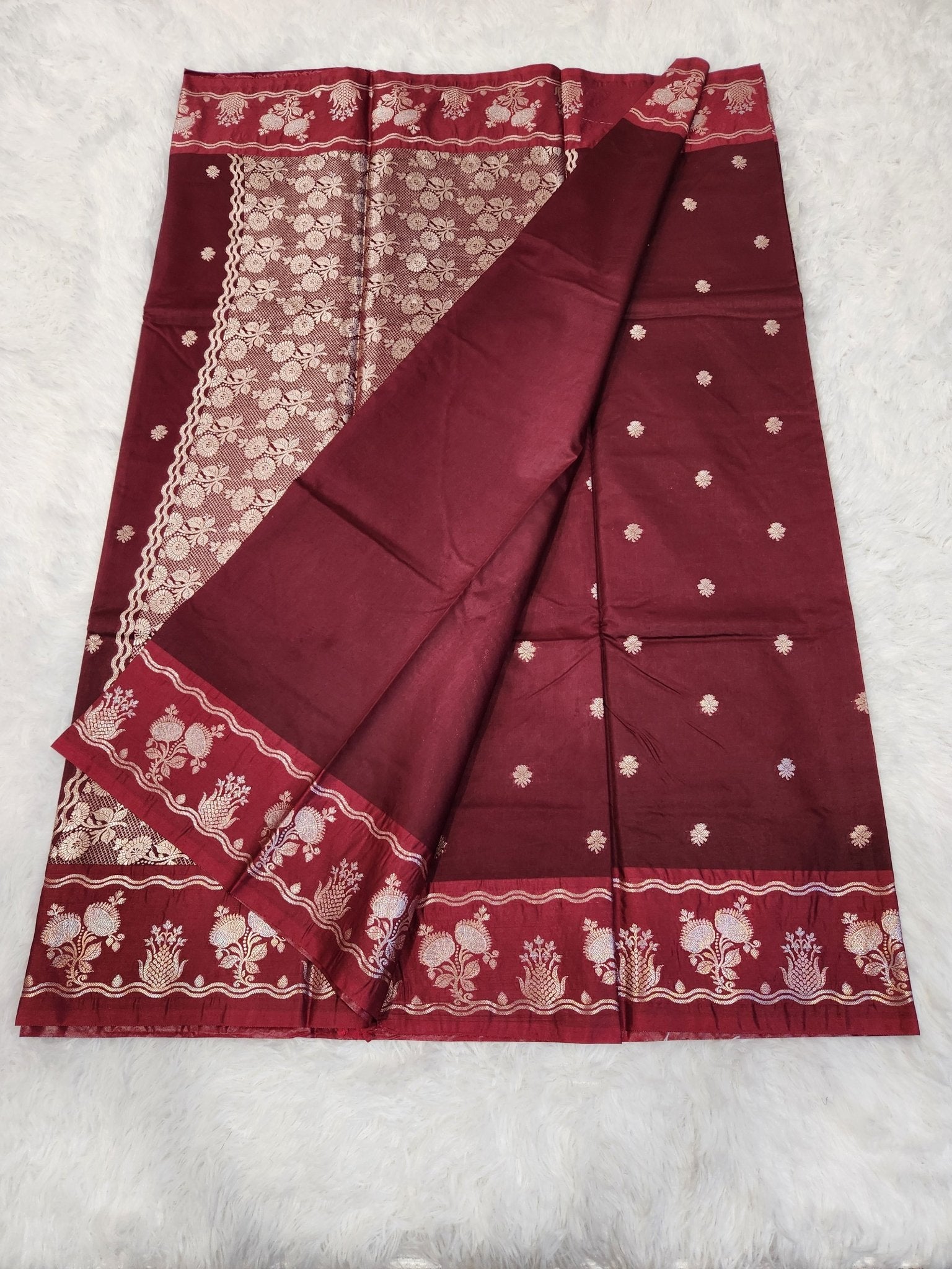 Maroon Soft Silk Saree with Silver Zari & Small Butta Design - Urban Weave Sarees