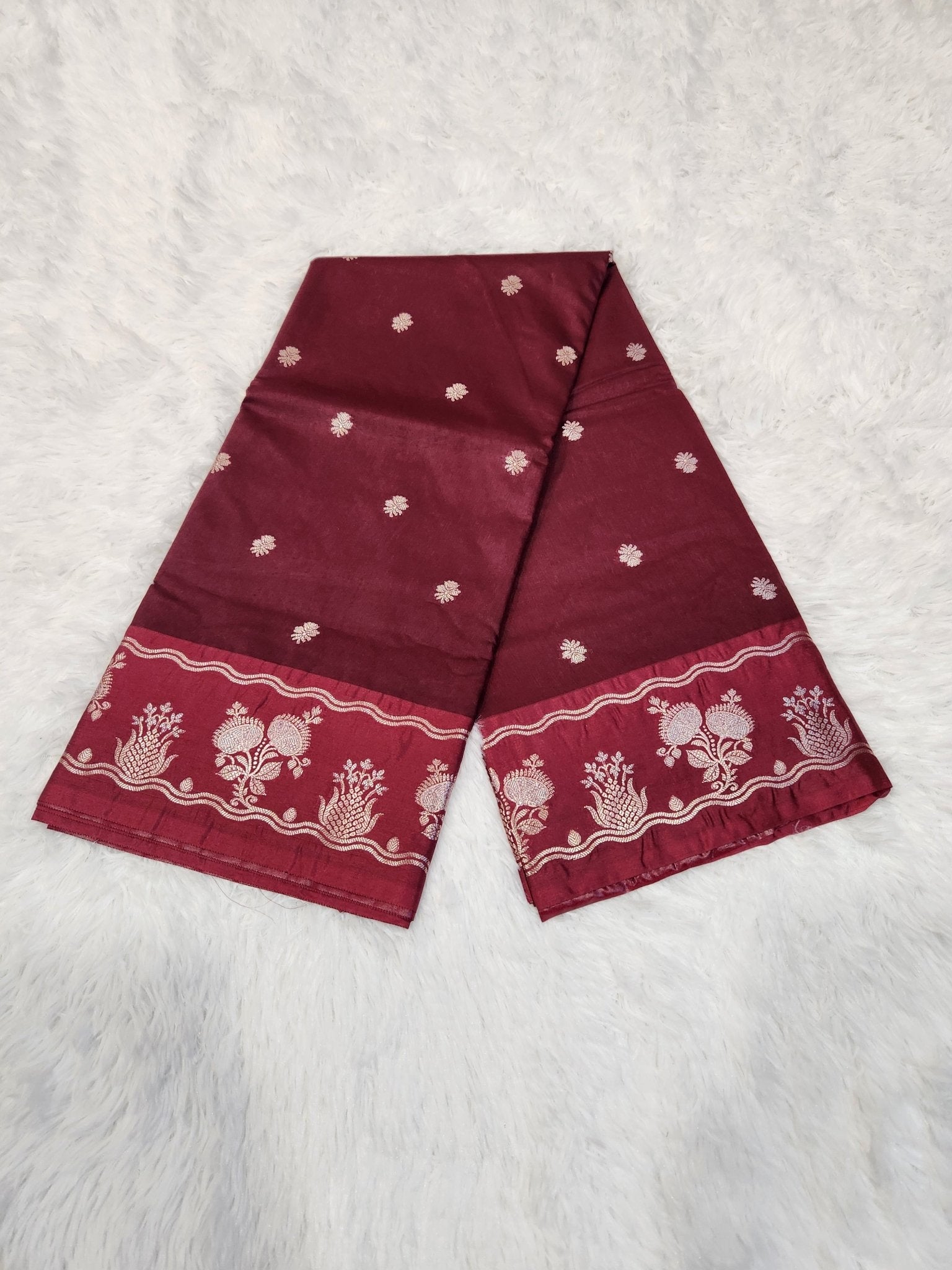 Maroon Soft Silk Saree with Silver Zari & Small Butta Design - Urban Weave Sarees