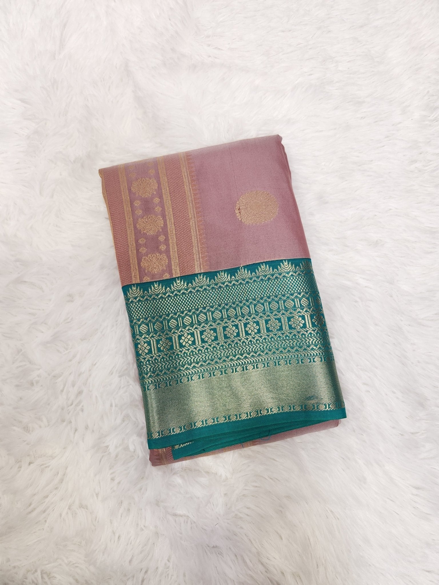 Mauve Semi Kanchi Saree with Copper Zari & Turquoise Pallu - Urban Weave Sarees