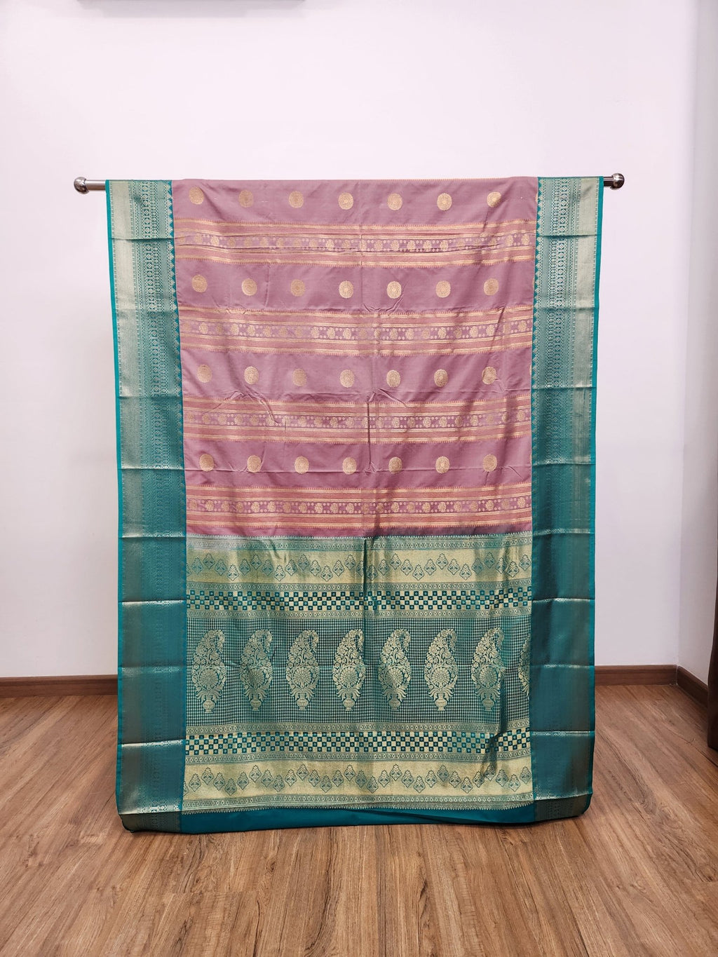 Mauve Semi Kanchi Saree with Copper Zari & Turquoise Pallu - Urban Weave Sarees