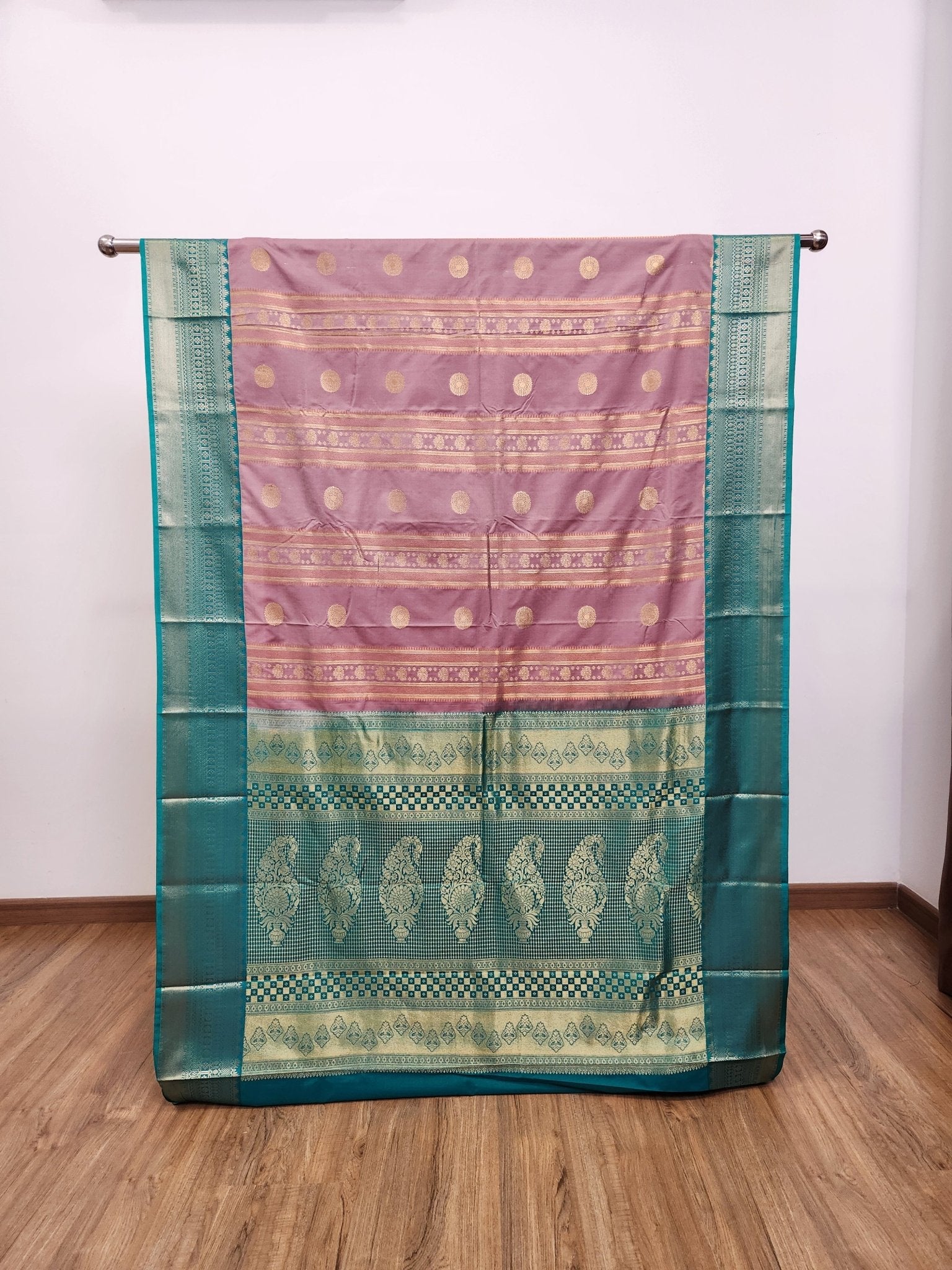 Mauve Semi Kanchi Saree with Copper Zari & Turquoise Pallu - Urban Weave Sarees