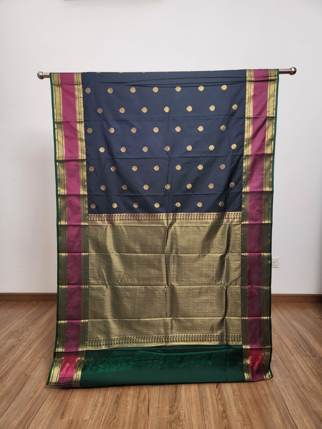 Metal Black Semi Kanchi Saree with Gold Zari & Dark Green Pallu - Urban Weave Sarees