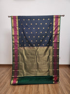 Metal Black Semi Kanchi Saree with Gold Zari & Dark Green Pallu - Urban Weave Sarees