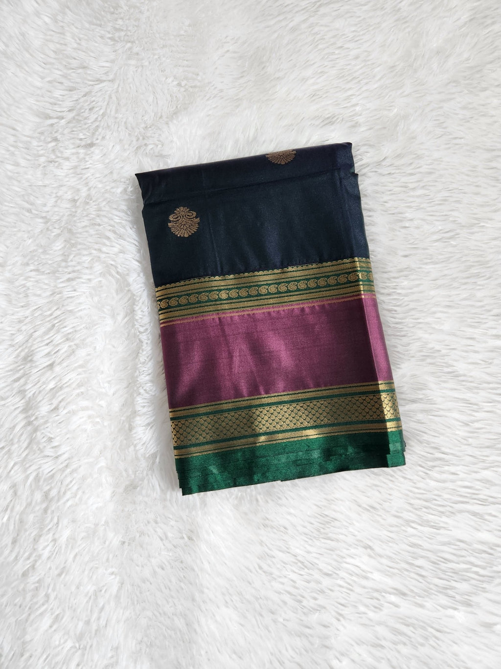 Metal Black Semi Kanchi Saree with Gold Zari & Dark Green Pallu - Urban Weave Sarees