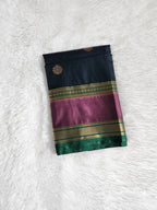 Metal Black Semi Kanchi Saree with Gold Zari & Dark Green Pallu - Urban Weave Sarees