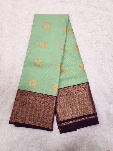 Mint Green Semi Kaanchi Saree with Gold Zari & Small Butta Design - Urban Weave Sarees