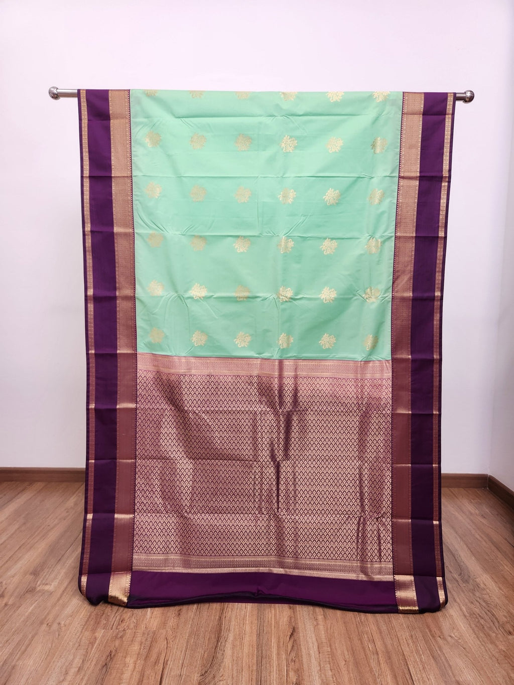 Mint Green Semi Kanchi Saree with Gold Zari & Purple Pallu - Urban Weave Sarees