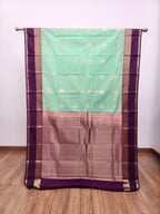 Mint Green Semi Kanchi Saree with Gold Zari & Purple Pallu - Urban Weave Sarees