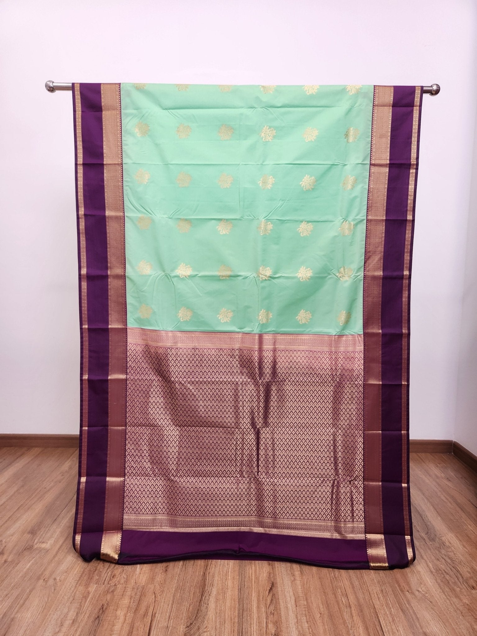 Mint Green Semi Kanchi Saree with Gold Zari & Purple Pallu - Urban Weave Sarees