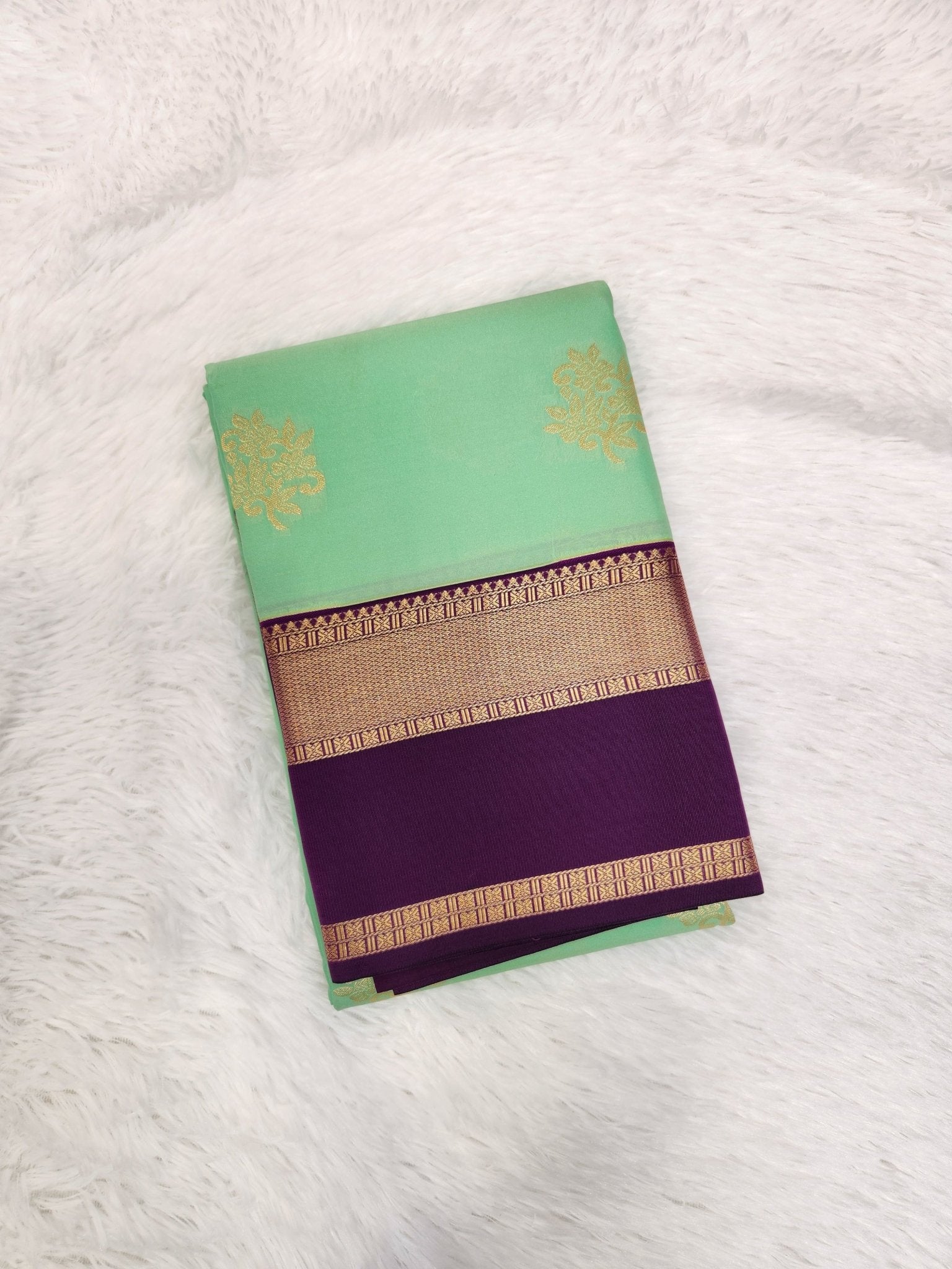 Mint Green Semi Kanchi Saree with Gold Zari & Purple Pallu - Urban Weave Sarees
