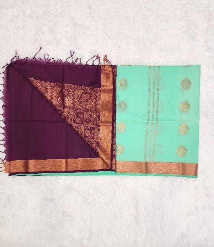 Mint Green Soft Silk Saree with Copper Zari & Purple Pallu Design - Urban Weave Sarees
