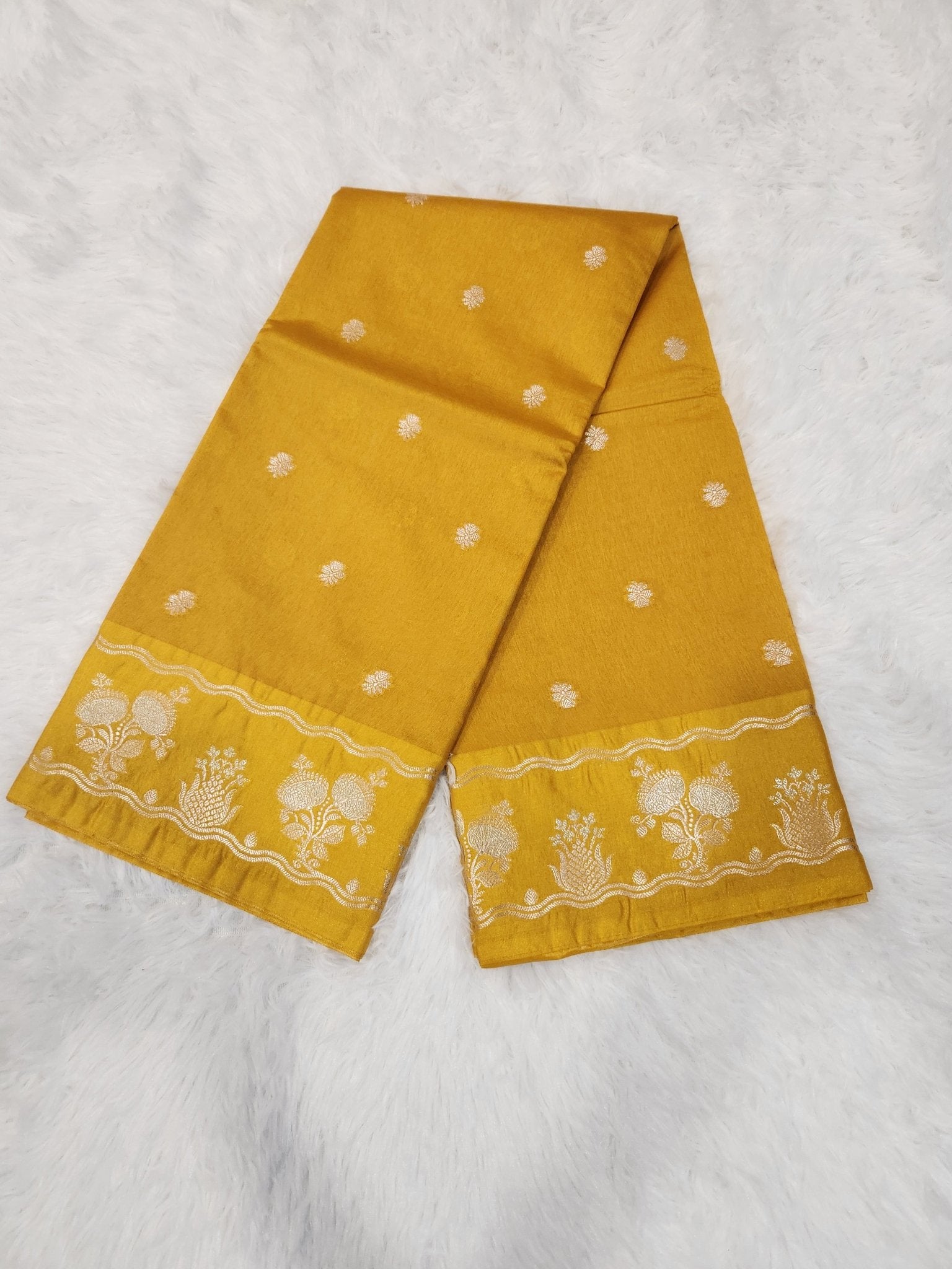 Mustard Yellow Soft Silk Saree with Silver Zari & Small Butta Design - Urban Weave Sarees