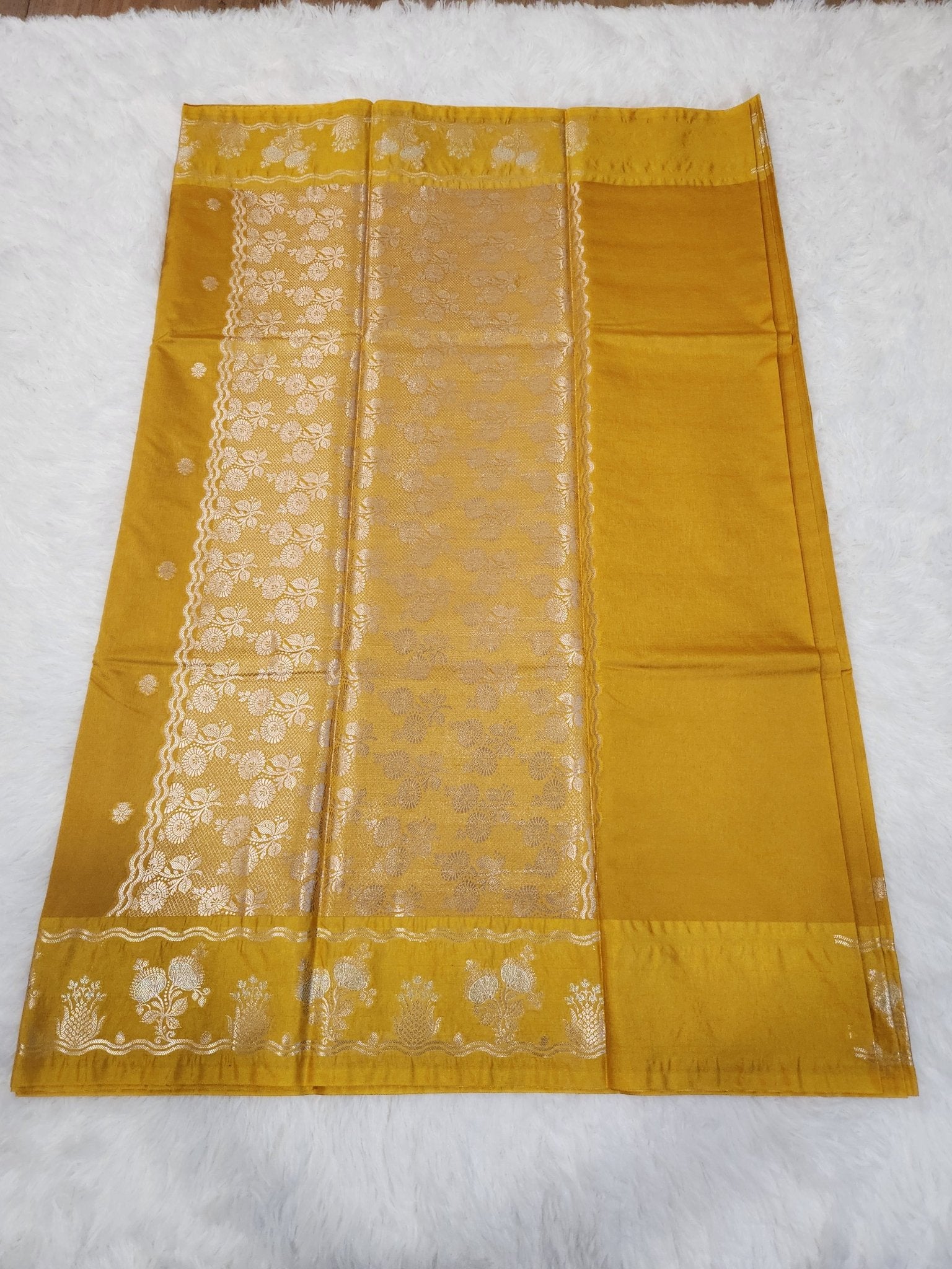 Mustard Yellow Soft Silk Saree with Silver Zari & Small Butta Design - Urban Weave Sarees