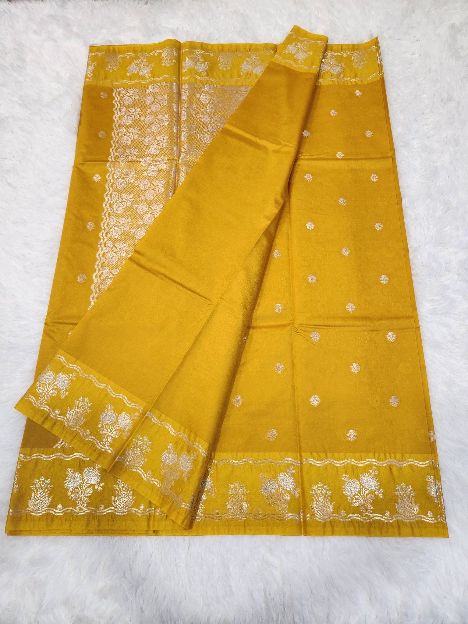 Mustard Yellow Soft Silk Saree with Silver Zari & Small Butta Design - Urban Weave Sarees
