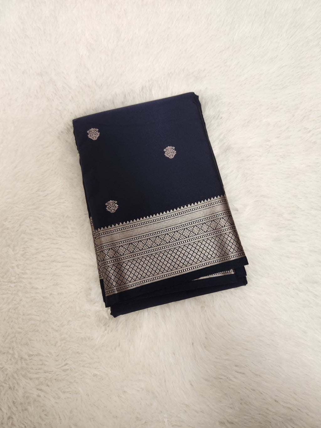 Navy Blue Semi Kanchi Saree with Silver Zari & Small Butta Design - Urban Weave Sarees