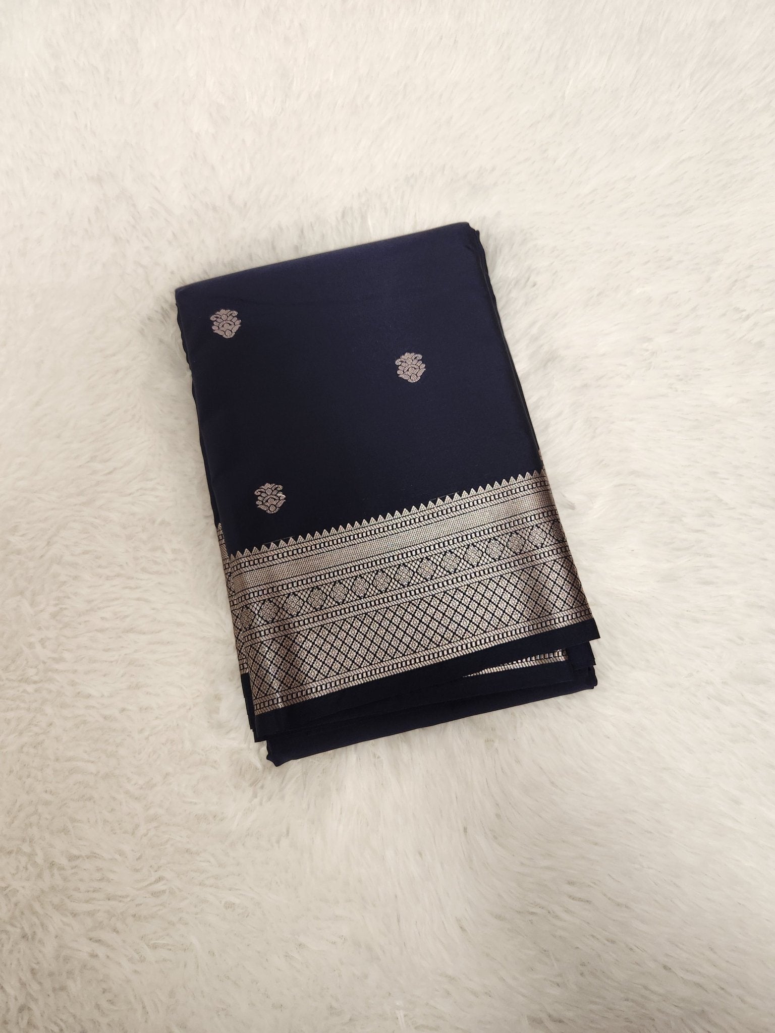 Navy Blue Semi Kanchi Saree with Silver Zari & Small Butta Design - Urban Weave Sarees