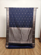 Navy Blue Semi Kanchi Saree with Silver Zari & Small Butta Design - Urban Weave Sarees