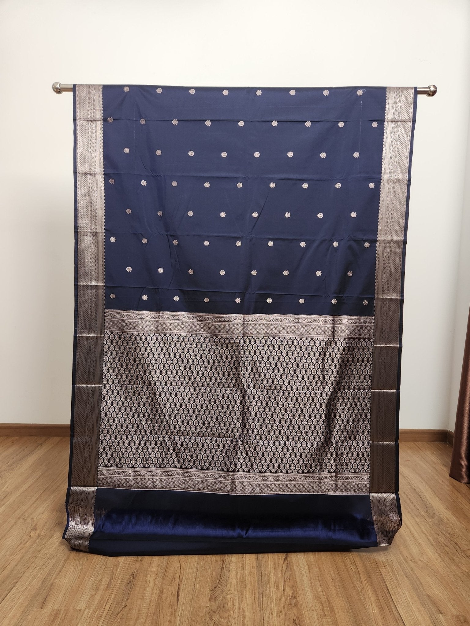 Navy Blue Semi Kanchi Saree with Silver Zari & Small Butta Design - Urban Weave Sarees